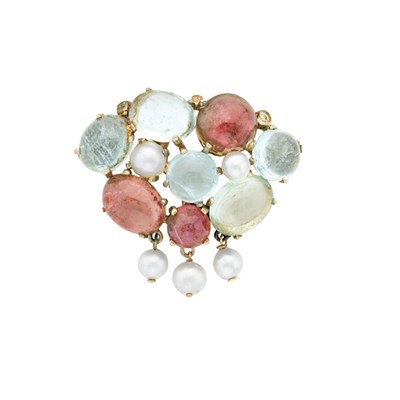Lot 389 - Cabochon Aquamarine, Pink Tourmaline and Cultured Pearl Brooch