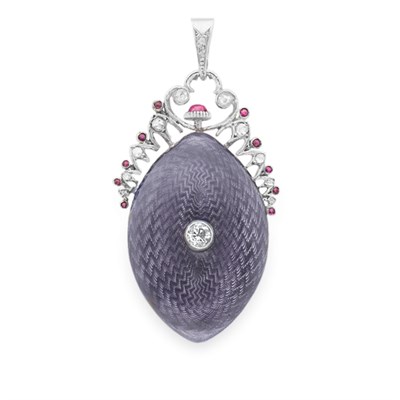 Lot 250 - Edwardian Platinum, Purple Guilloche Enamel and Diamond Pendant-Watch