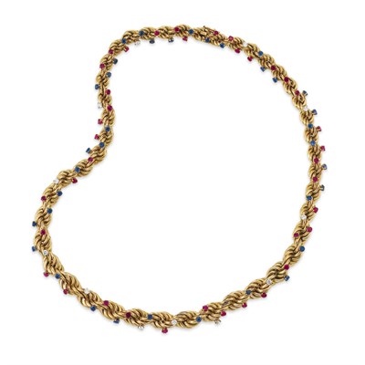 Lot 457 - Gold, Sapphire, Ruby and Diamond Necklace