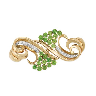 Lot 461 - Gold, Platinum, Demantoid Garnet and Diamond Double Clip-Brooch