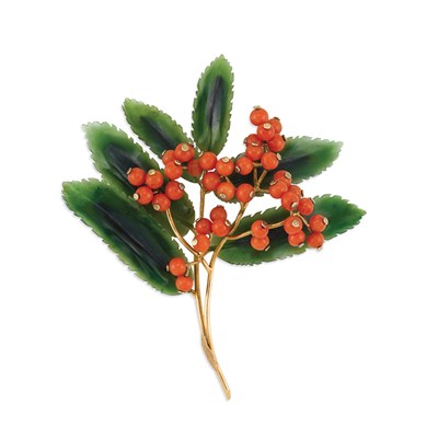 Lot 275 - Gold, Carved Nephrite and Coral Bead Leaf Brooch