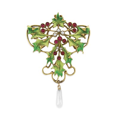 Lot 271 - Gold, Enamel, Cabochon Ruby, Diamond and Freshwater Pearl Pendant-Brooch