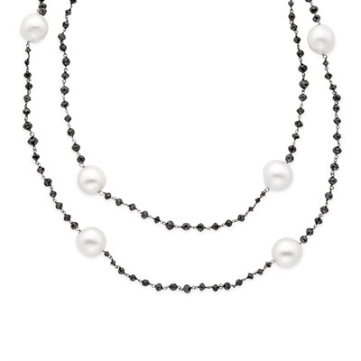 Lot 234 - Long Cultured Pearl and Faceted Black Diamond Bead Chain Necklace