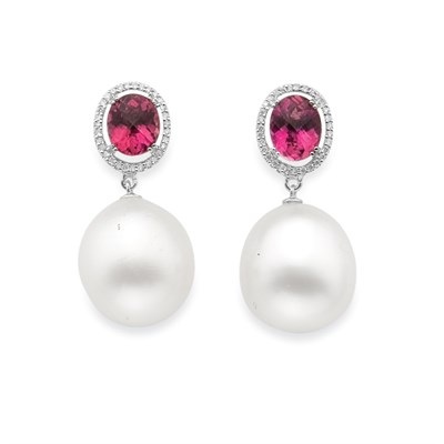 Lot 283 - Pair of  Pink Tourmaline, Diamond and Cultured Pearl Pendant-Earrings
