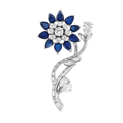 Lot 132 - Diamond and Sapphire Flower Brooch
