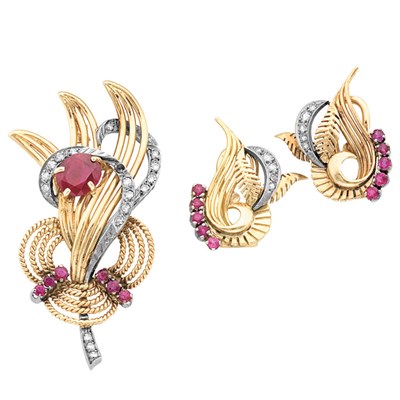 Lot 179 - Gold, Ruby and Diamond Brooch and Pair of Earrings