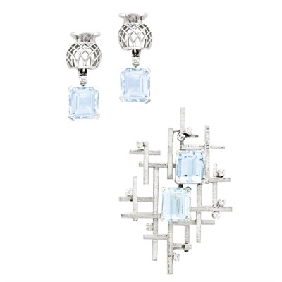 Lot 374 - White Gold, Aquamarine and Diamond Brooch and Pair of  Pendant-Earrings