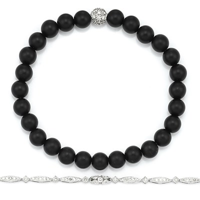 Lot 366 - Diamond Bracelet and Black Hardstone Bead and Diamond Bracelet
