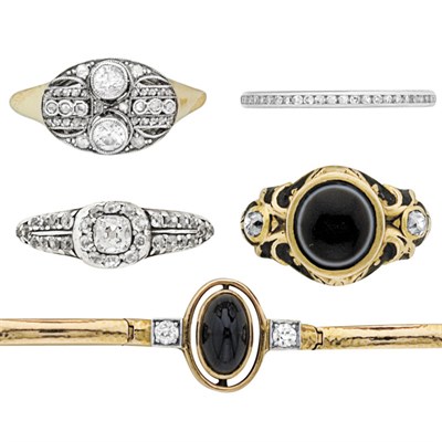 Lot 289 - Four Period Rings and Gold, Cabochon Sapphire and Diamond Bracelet
