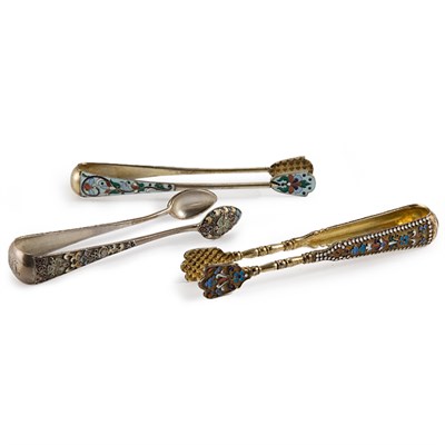 Lot 204 - Three Russian Cloisonne and Silver Sugar Tongs...
