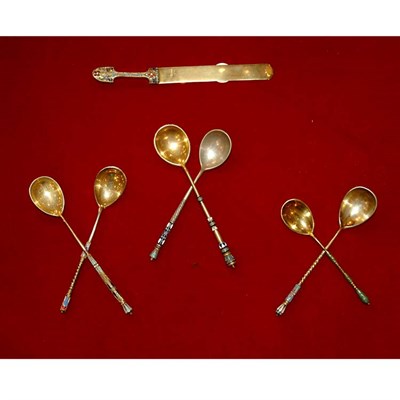 Lot 203 - Group of Russian Enameled Silver Gilt Flatware...