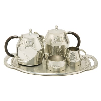 Lot 201 - Tudric Pewter Coffee and Tea Service Designed...