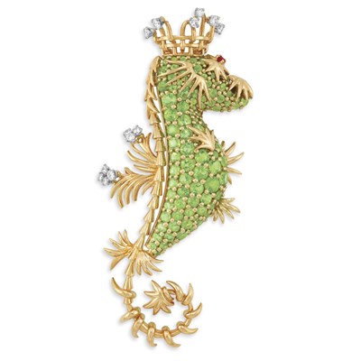 Lot 424 - Gold, Platinum, Peridot and Diamond Sea Horse Clip-Brooch, Tiffany & Co., Schlumberger