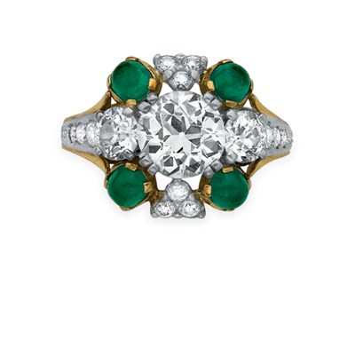 Lot 48 - Gold, Platinum, Diamond and Cabochon Emerald Ring