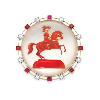 Lot 102 - Antique Gold, Platinum, Reverse Crystal Intaglio, Ruby and Diamond Brooch