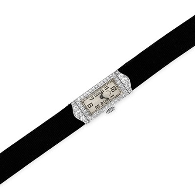 Lot 269 - Platinum and Diamond Wristwatch with Grosgrain Ribbon Strap, Tiffany & Co.