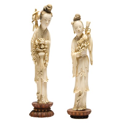 Lot 145 - Pair of Chinese Ivory Figures of Maidens 19th...