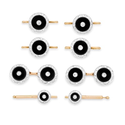 Lot 182 - Art Deco Platinum, Gold, Black Onyx and Diamond Dress Set