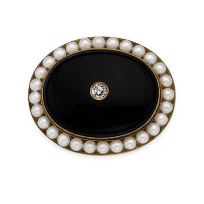 Lot 172 - Antique Gold, Black Onyx, Diamond and Split Pearl Pendant-Brooch