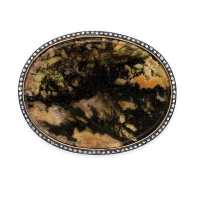 Lot 177 - Antique Gold, Platinum, Moss Agate and Diamond Brooch