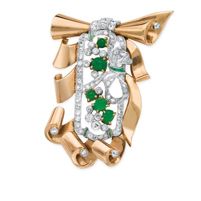Lot 47 - Gold, Platinum, Diamond and Carved Emerald and Emerald Clip