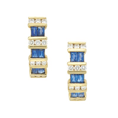 Lot 298 - Pair of Gold, Sapphire and Diamond Half-Hoop Earrings