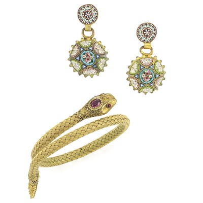 Lot 540 - Antique Yellow Metal Snake Bangle Bracelet and Pair of Micromosaic Earrings
