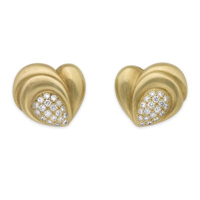 Lot 161 - Pair of Gold and Diamond Heart Earclips, Vahe Nalthchayan