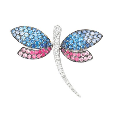 Lot 327 - Diamond, Ruby, Pink Sapphire and Sapphire Dragonfly Clip-Brooch