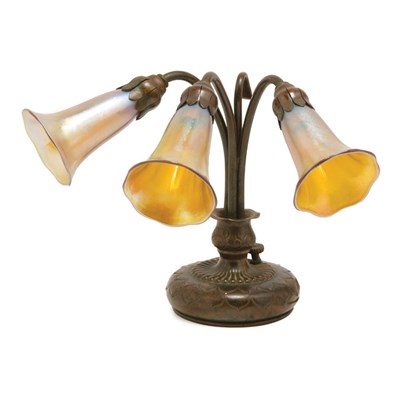 Lot 282 - Tiffany Studios Bronze and Favrile Glass Three-...