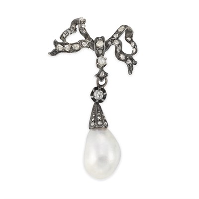 Lot 505 - Antique Diamond and Natural Pearl Bow Brooch