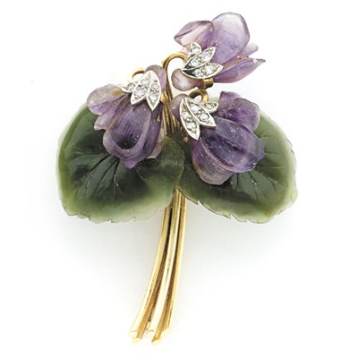 Lot 486 - Gold, Carved Amethyst, Nephrite and Diamond Flower Brooch