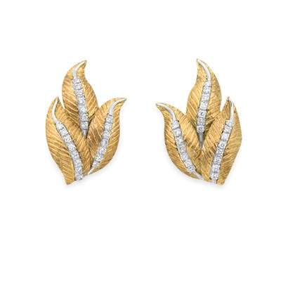 Lot 227 - Pair of Gold and Diamond Leaf Earrings