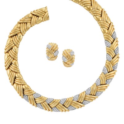 Lot 339 - Two-Color Gold and Diamond Necklace and Pair of Earrings, Craig Drake
