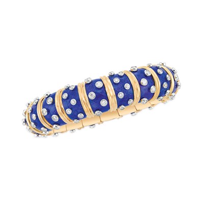 Lot 451 - Gold, Platinum, Blue Enamel and Diamond Bangle Bracelet, Tiffany & Co., Schlumberger