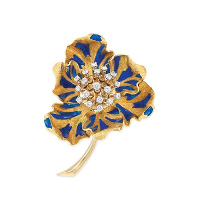 Lot 442 - Gold, Blue Enamel and Diamond "en Tremblant" Flower Clip-Brooch
