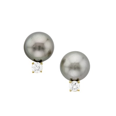 Lot 301 - Pair of Gold, Black Cultured Pearl and Diamond Earrings