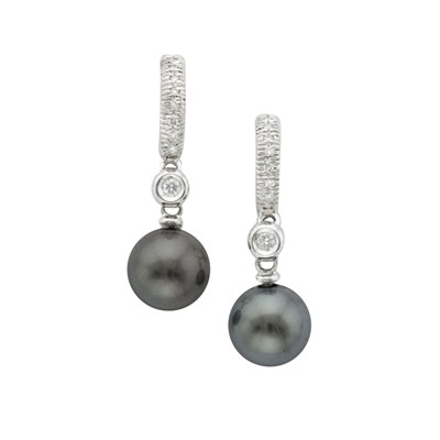 Lot 582 - Pair of White Gold, Black Cultured Pearl and Diamond Pendant-Earrings
