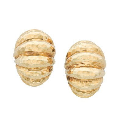 Lot 396 - Pair of Hammered Gold Bombe Earclips