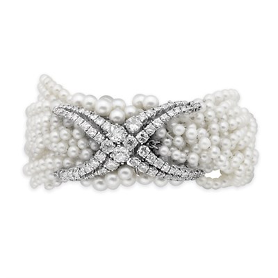 Lot 208 - Seventeen Strand Cultured Pearl and Diamond Torsade Bracelet