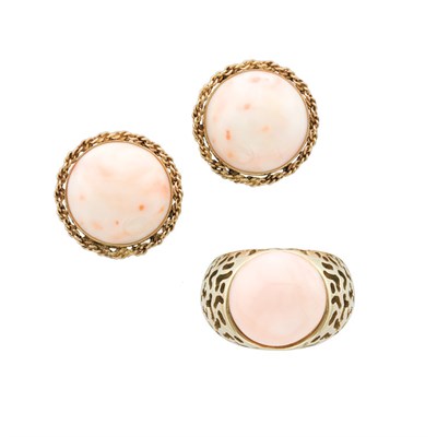 Lot 149 - Pair of Gold and Angel Skin Coral Earclips and Ring