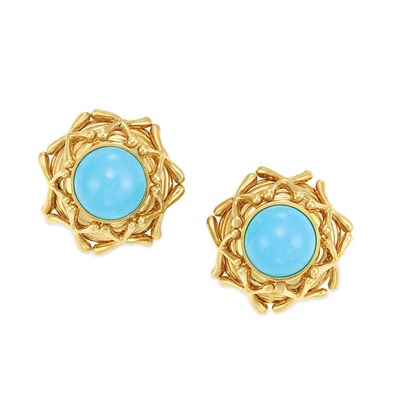 Lot 438 - Gold and Cabochon Turquoise Earclips, Tiffany & Co., Schlumberger Studios
