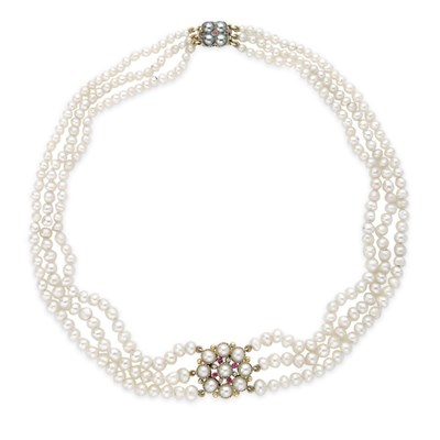 Lot 176 - Triple Strand Natural Pearl Necklace with Gold, Pearl, Ruby and Diamond Ornament