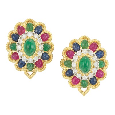 Lot 394 - Pair of Gold, Cabochon Colored Stone and Diamond Earclips