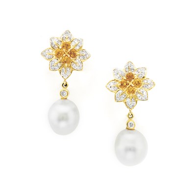 Lot 127 - Pair of Gold, Citrine, Diamond and Cultured Pearl Pendant-Earrings