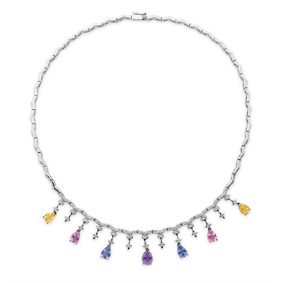 Lot 134 - White Gold, Multicolored Sapphire and Diamond Fringe Necklace