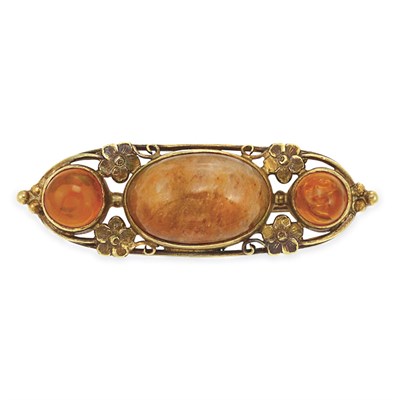 Lot 485 - Arts and Crafts Gold, Aventurine Feldspar and Fire Opal Brooch, Frank Gardner Hale