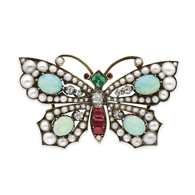 Lot 178 - Antique Gold, Split Pearl, Opal, Diamond, Ruby and Emerald Butterfly Brooch