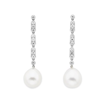 Lot 211 - Pair of Diamond and Cultured Pearl Pendant-Earrings