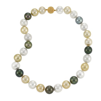Lot 361 - Multicolored Cultured Pearl Necklace with Gold Ball Clasp